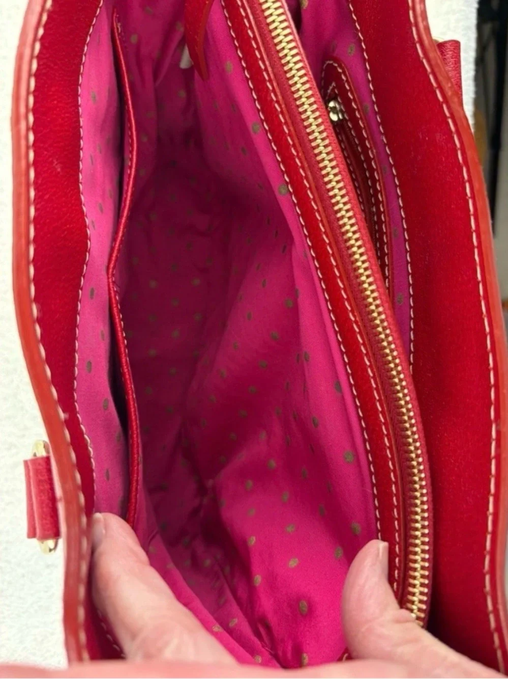 kate spade Red Pebbled Leather Structured Tote with Gold Accents